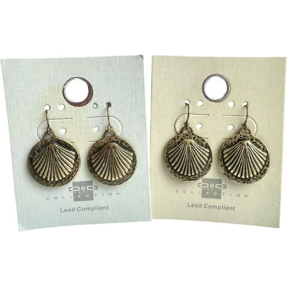 Brand New Womens One Way Collection Antique Bronze Seashell Beach Earrings Set